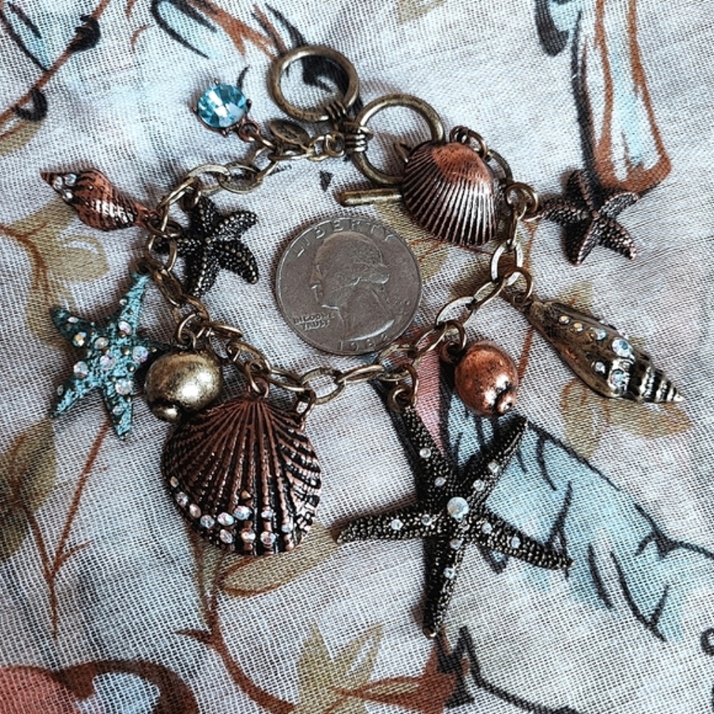 Cookie Lee Brass Copper Seashell Marine Life Rhinestones Starfish Bracelet - Picture 6 of 11